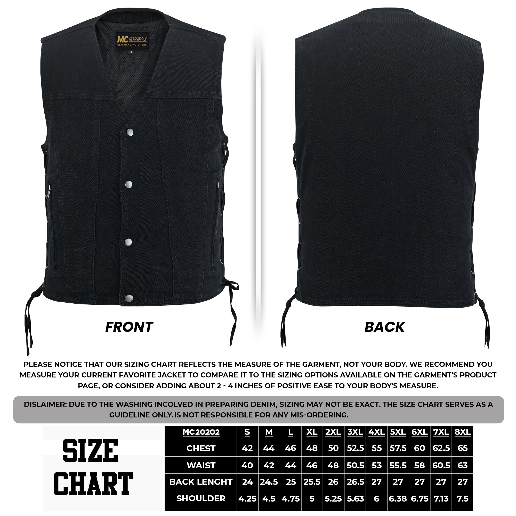 Men's Classic Black Denim Motorcycle Vest with Side Laces MC20302