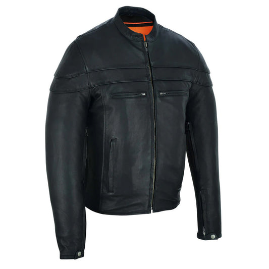 Men's Classic Black Leather Cafe Racer Motorcycle Jacket with Mandarin Collar MC10104