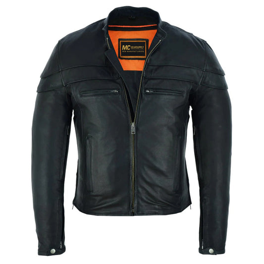 Men's Classic Black Leather Cafe Racer Motorcycle Jacket with Mandarin Collar MC10104