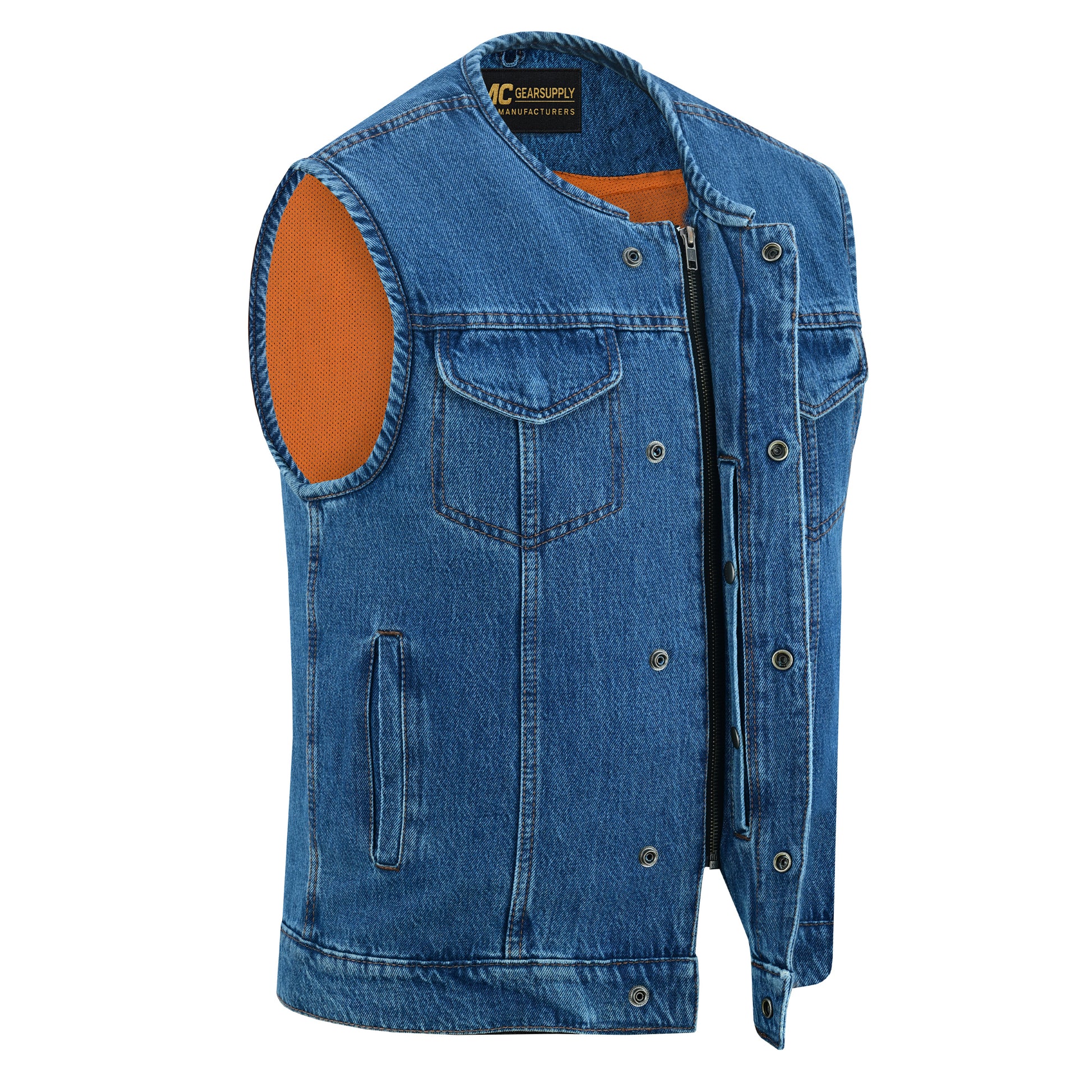 soa gear Mens SOA Denim Biker Vest – Anarchy Club Style Motorcycle with Gun Pockets MC20303