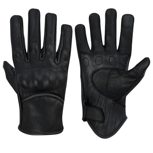 Premium Black Leather Full-Finger Motorcycle & Driving Gloves with Knuckle Protection MC60121