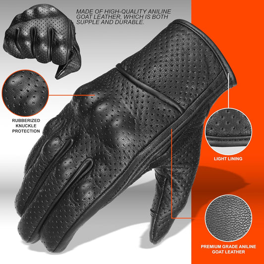 Premium Perforated Leather Motorcycle Riding Gloves - Enhanced Grip & Ventilation MC60120