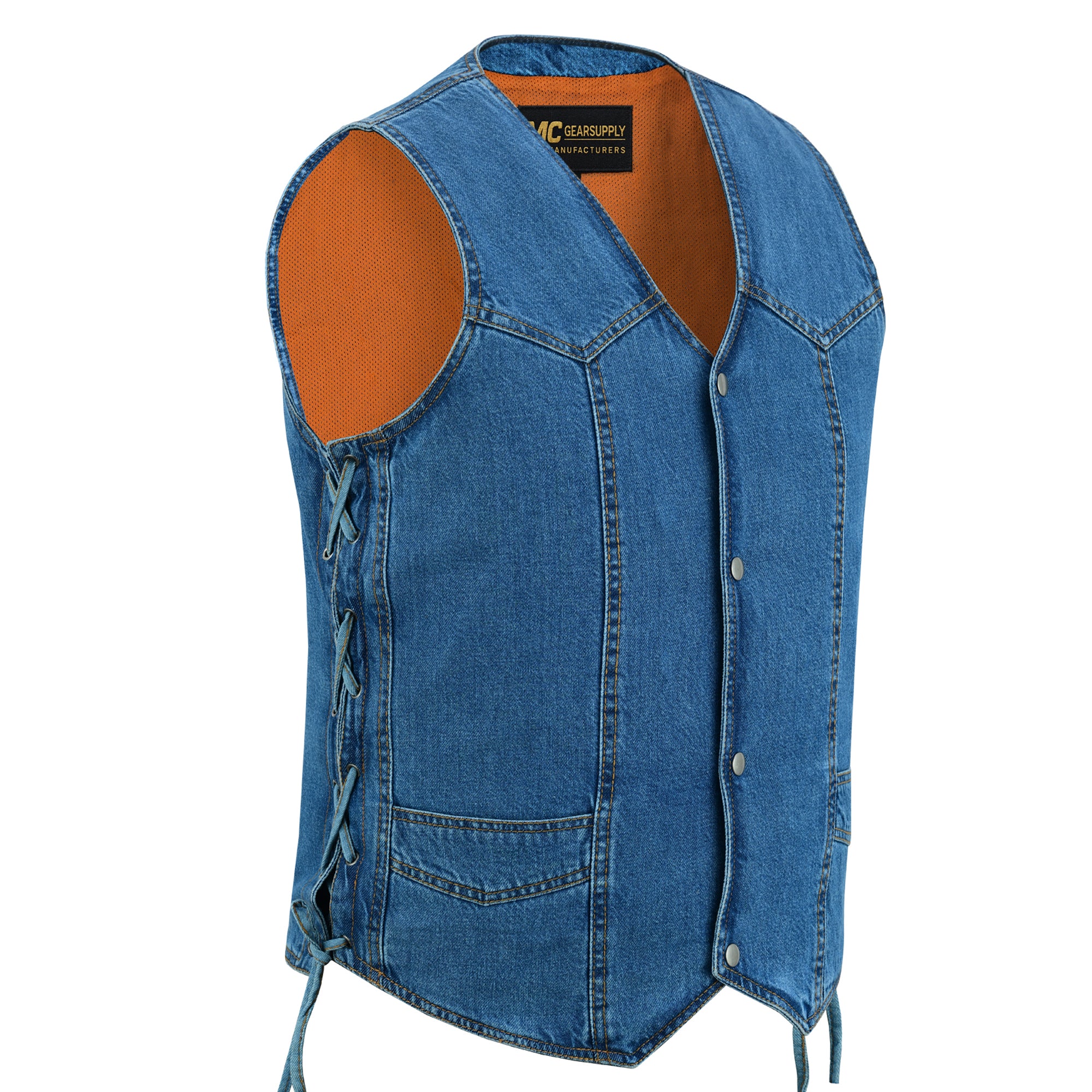 Men's Blue Denim Motorcycle Vest with Side Lacing and Concealed