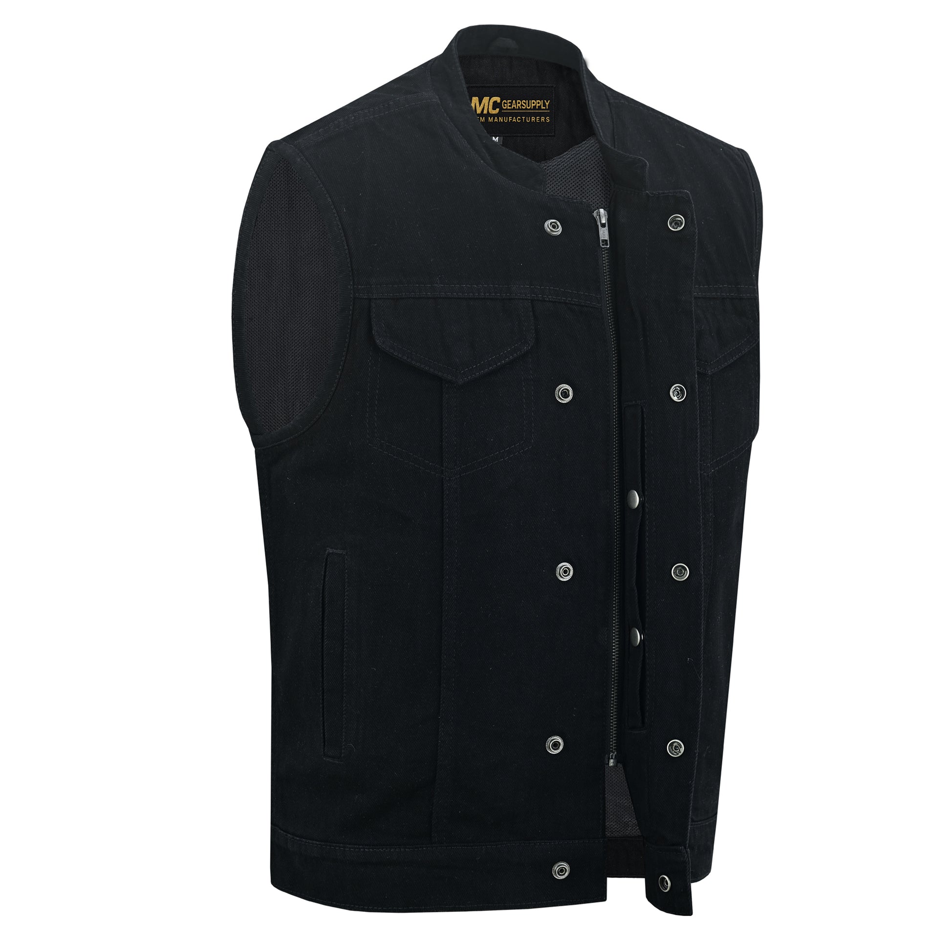 soa gear SOA Mens Denim Motorcycle Vest – Club Style with Collar & Concealed Pockets MC20309