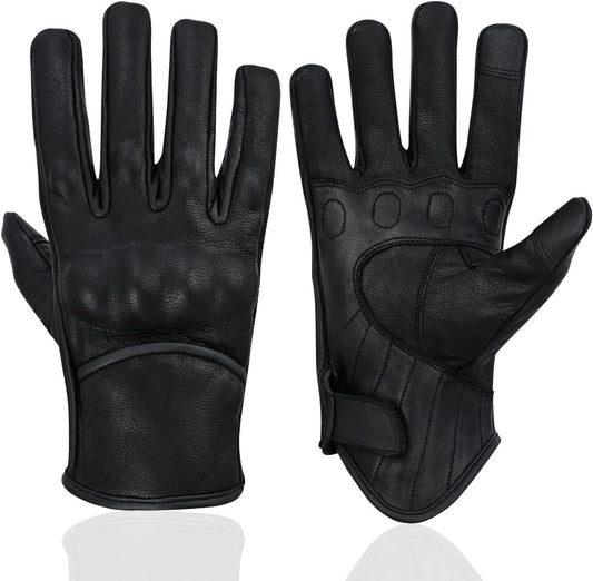 Leather Motorcycle Gloves – Lightweight Full Finger – Hard Knuckle Protection – Men's Riding Gloves MC60202