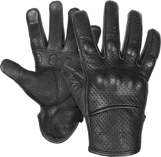 MC Gear Supply Men's Black Leather Motorcycle Gloves - Perforated Breathable Design with Knuckle Protection & Palm Padding for Riders MC20201