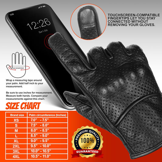 MC Gear Supply Men's Black Leather Motorcycle Gloves - Perforated Breathable Design with Knuckle Protection & Palm Padding for Riders MC60201