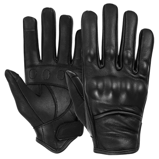Women's Lightweight Black Leather Motorcycle Riding Gloves with Knuckle Protection MC60601