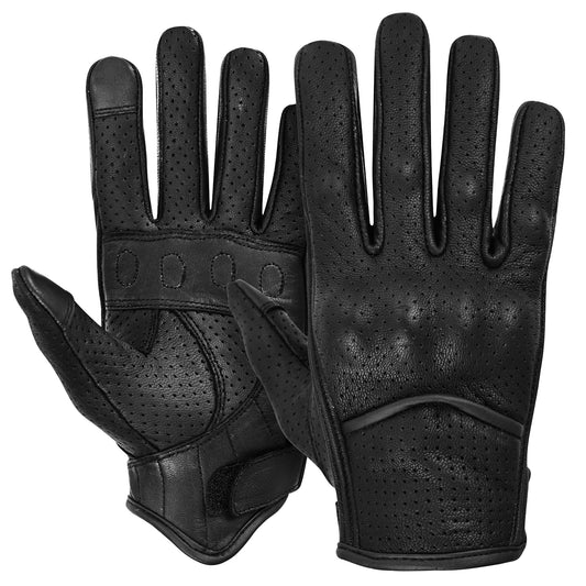 Women's Perforated Breathable Black Leather Motorcycle Lightweight Gloves MC60602