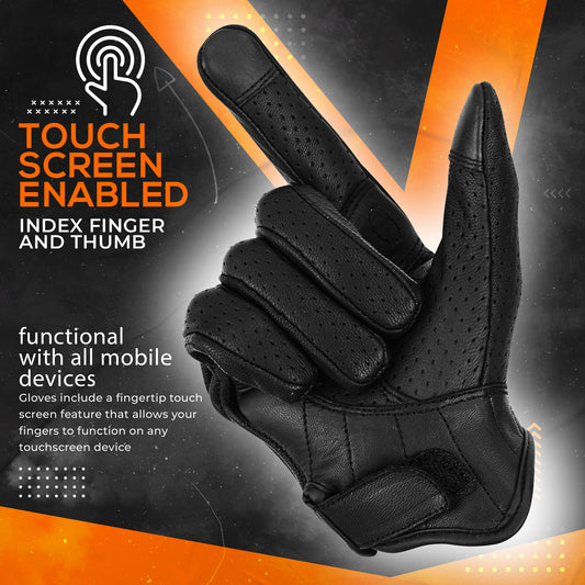 Women's Perforated Breathable Black Leather Motorcycle Lightweight Gloves MC60602