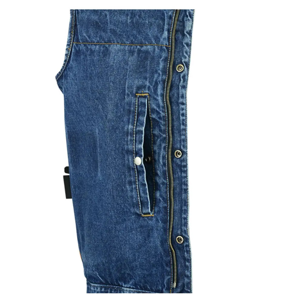 concealed snaps, blue jeans vest, hidden zipper, w/o collar 