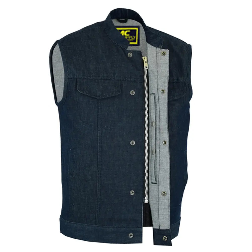 mens blue rough rub-off raw finish denim vest