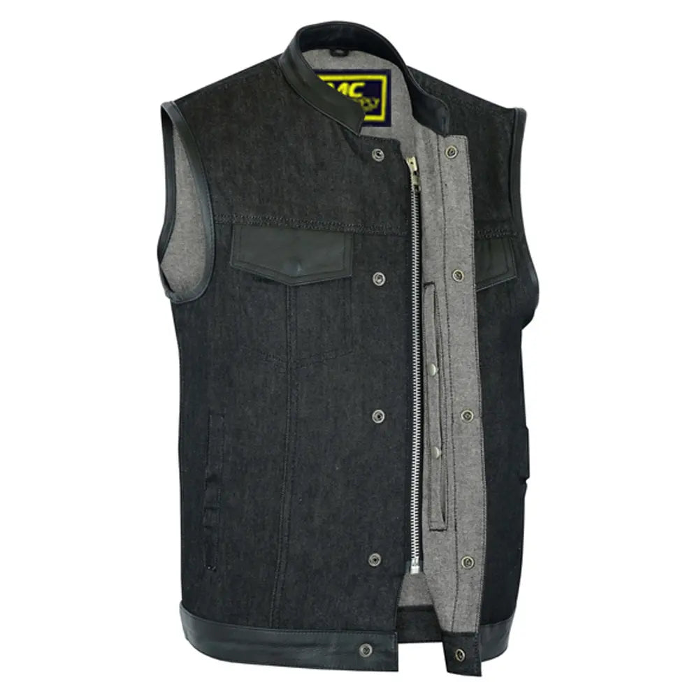 mens rough rub-off raw finish denim vest leather trim - scoop collar 