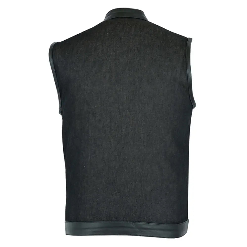 mens rough rub-off raw finish denim vest leather trim - scoop collar 