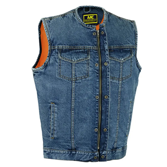 concealed snaps, blue jeans vest, hidden zipper, w/o collar 