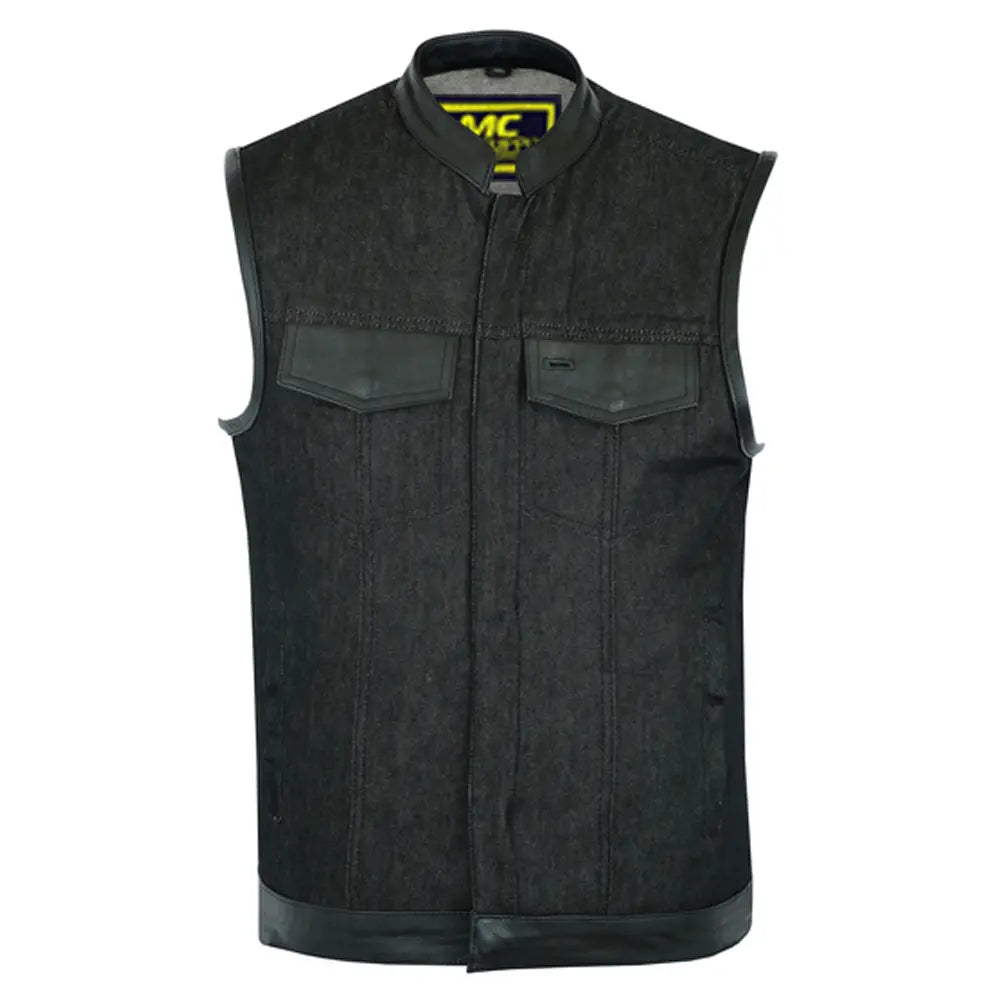 mens rough rub-off raw finish denim vest leather trim - scoop collar 