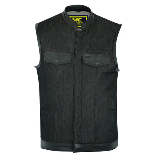 mens rough rub-off raw finish denim vest leather trim - scoop collar 