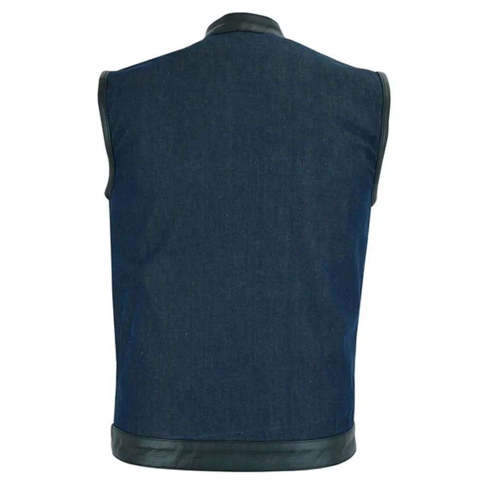 mens broken blue roughrub-off raw finish denim vest leather trim- scoop 